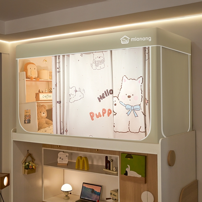 91家纺网 家纺一手货源 找家纺 卓尔居 2025新款学生遮光床帘卡通ZR学生蚊帐 米色-萌萌狗