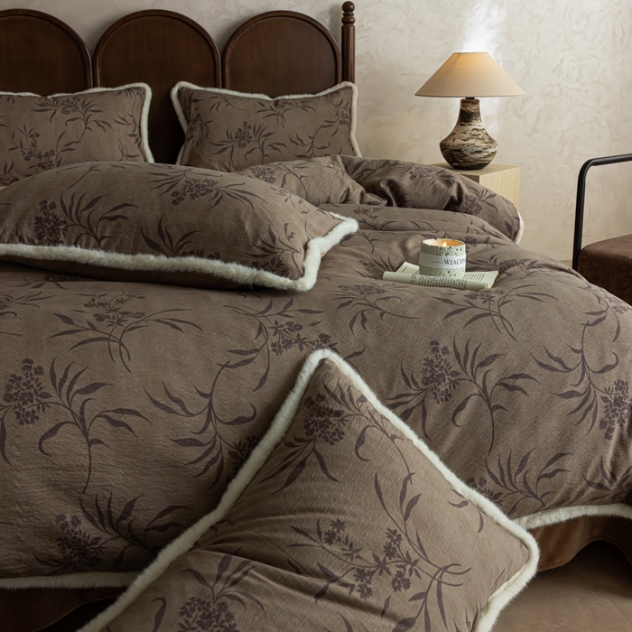 91家纺网 家纺一手货源 找家纺 迷尚家居 2025新款复古色织棉麻牛奶绒棉加绒四件套 玉茗-绒