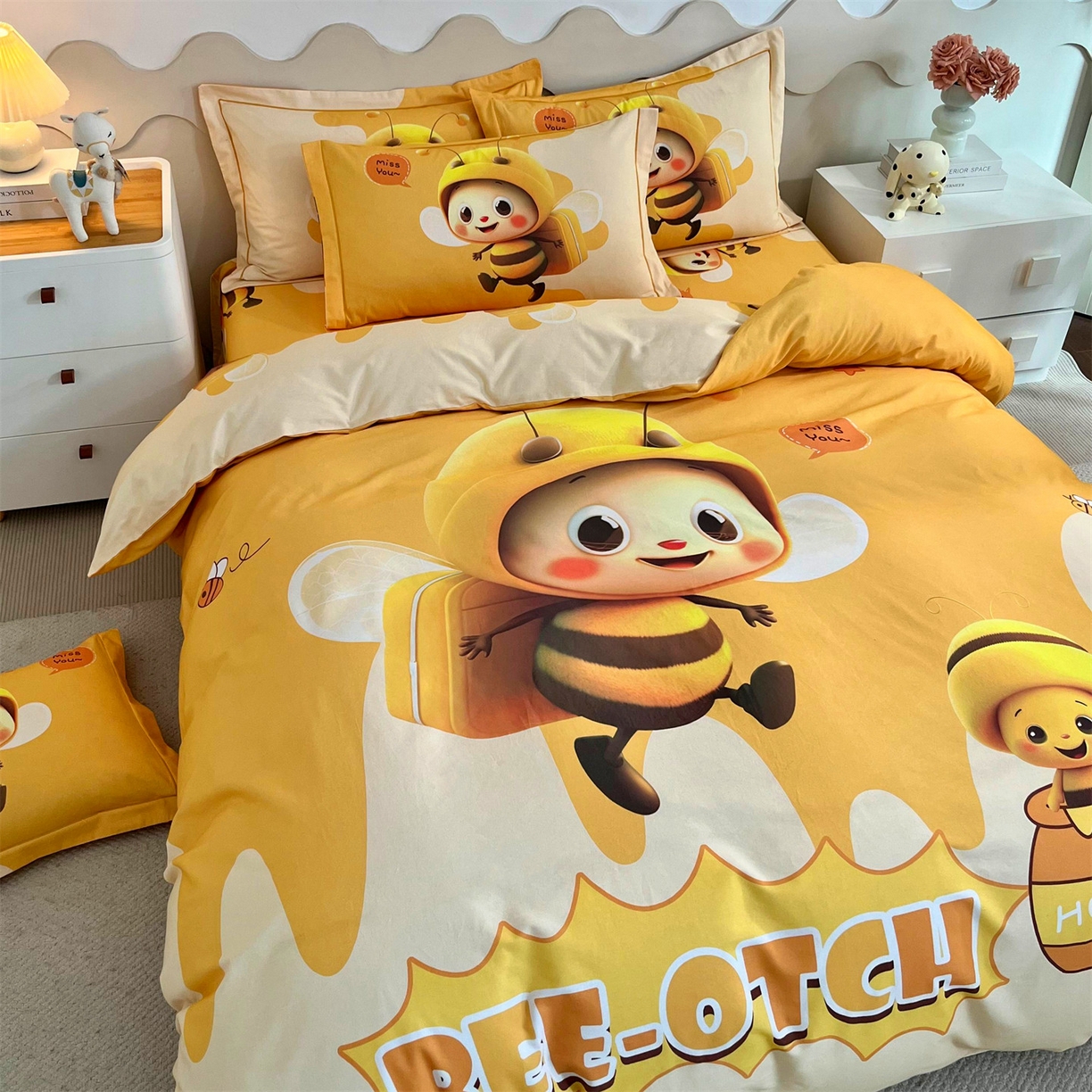 91家纺网 家纺一手货源 找家纺 曼秀琳 2025秋冬新款全棉磨毛印花四件套 萌萌哒-黄