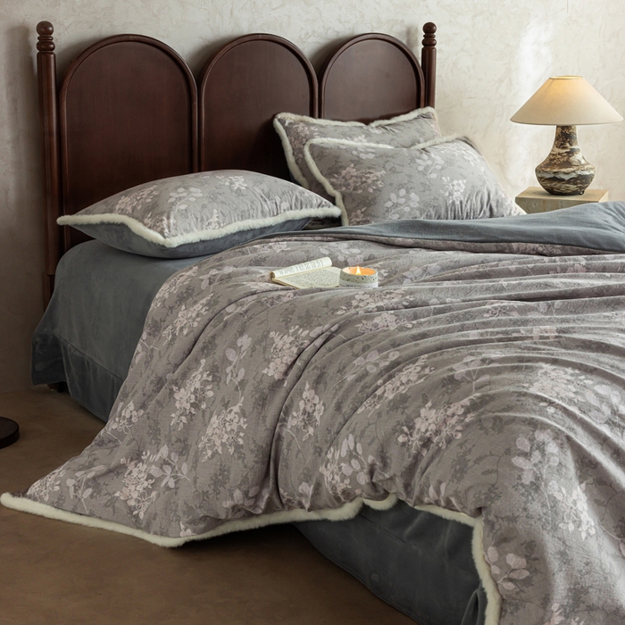 91家纺网 家纺一手货源 找家纺 迷尚家居 2025新款复古色织棉麻牛奶绒棉加绒四件套 可颂灰-绒