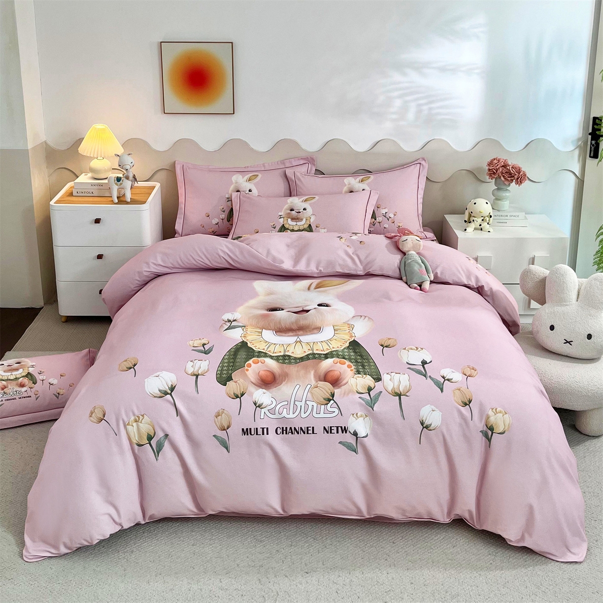 91家纺网 家纺一手货源 找家纺 曼秀琳 2025秋冬新款全棉磨毛印花四件套 开心萌兔-粉