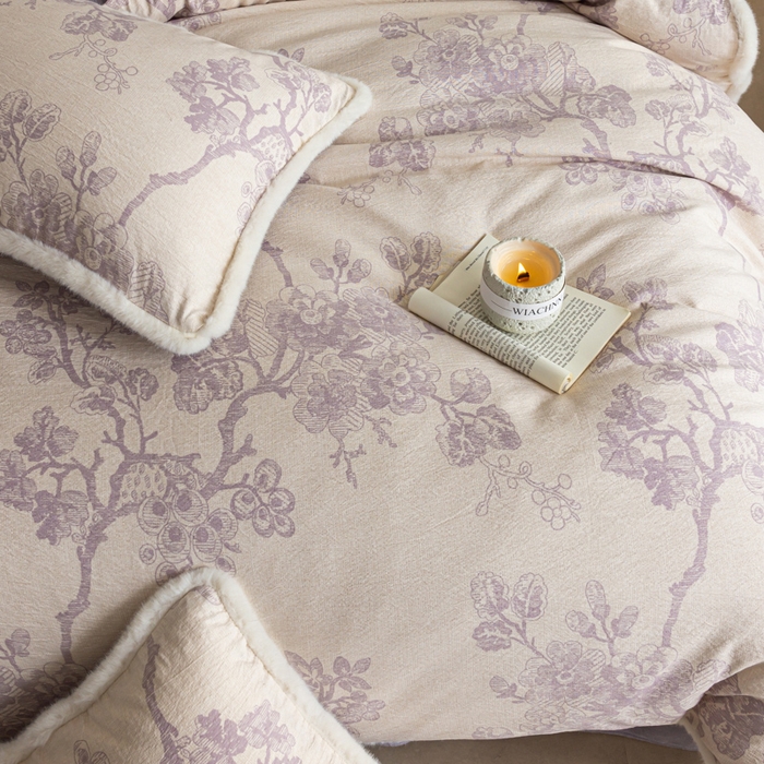 91家纺网 家纺一手货源 找家纺 迷尚家居 2025新款复古色织棉麻牛奶绒棉加绒四件套 砚秋紫-绒