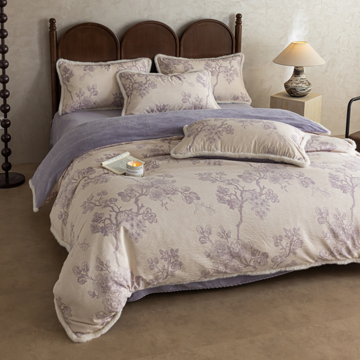 91家纺网 家纺一手货源 找家纺 迷尚家居 2025新款复古色织棉麻牛奶绒棉加绒四件套 砚秋紫-绒