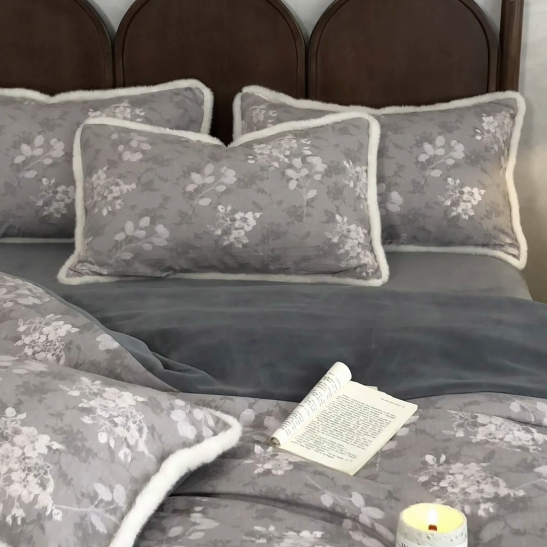 91家纺网 家纺一手货源 找家纺 迷尚家居 2025新款复古色织棉麻牛奶绒棉加绒四件套 可颂灰-绒