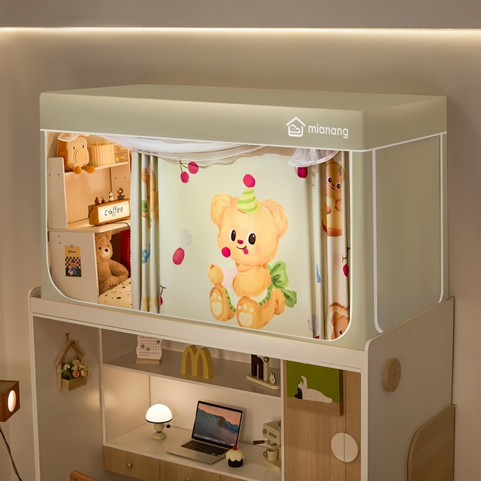 91家纺网 家纺一手货源 找家纺 卓尔居 2025新款学生遮光床帘卡通ZR学生蚊帐 米色-烘培小熊