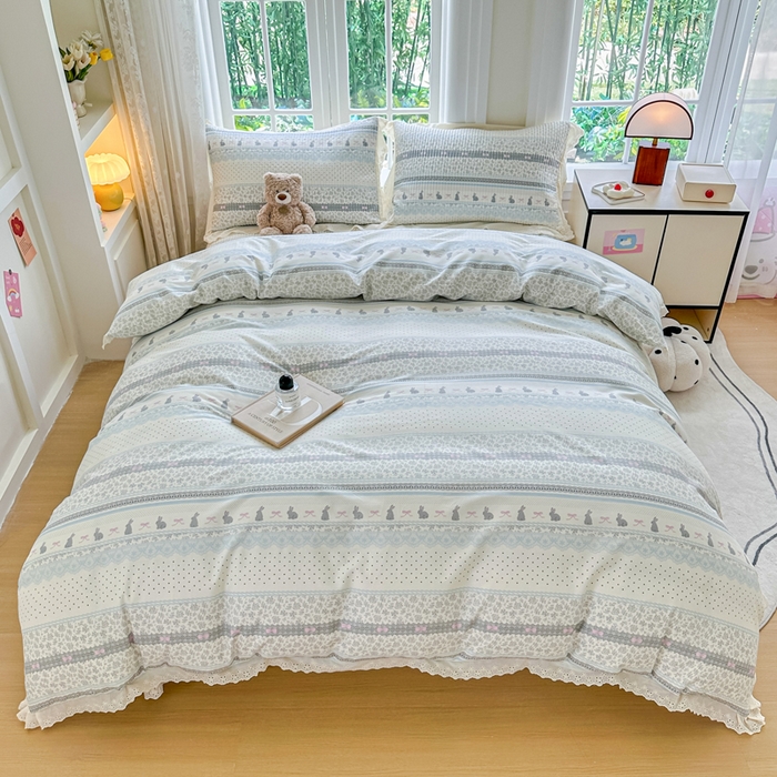 91家纺网 家纺一手货源 找家纺 岚吉家纺 2025新款全棉棉花床盖四件套 花边兔