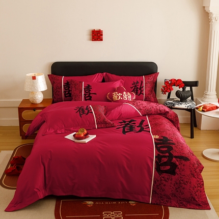 91家纺网 家纺一手货源 找家纺 （总）苏源家居 2025新款绣花婚庆结婚喜庆拼接四件套-欢喜