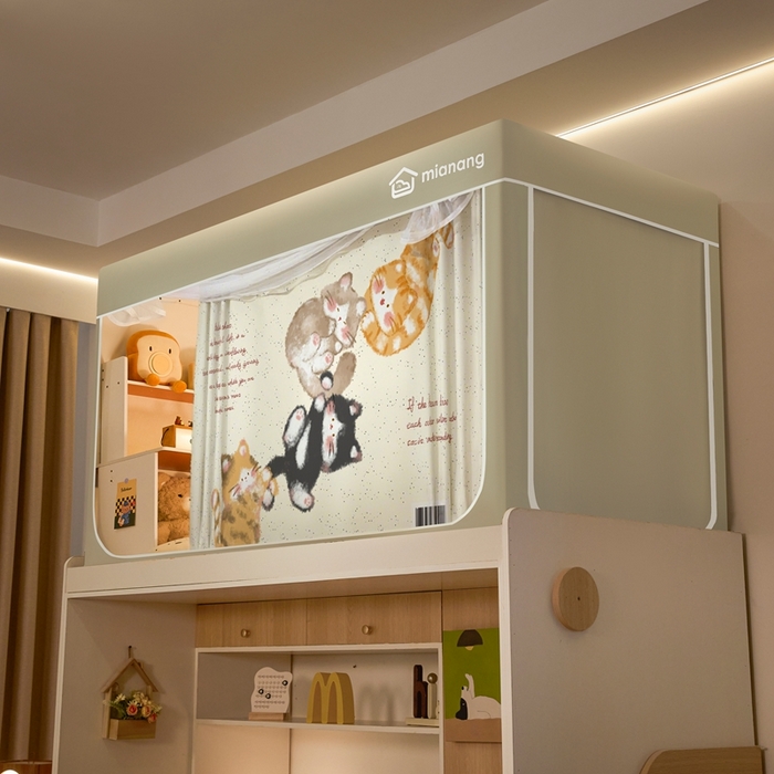 91家纺网 家纺一手货源 找家纺 卓尔居 2025新款学生遮光床帘卡通ZR学生蚊帐 米色-串猫