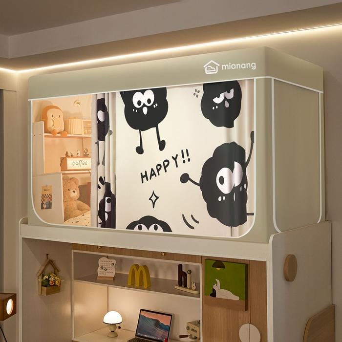 91家纺网 家纺一手货源 找家纺 卓尔居 2025新款学生遮光床帘卡通ZR学生蚊帐 米色-黑白煤球