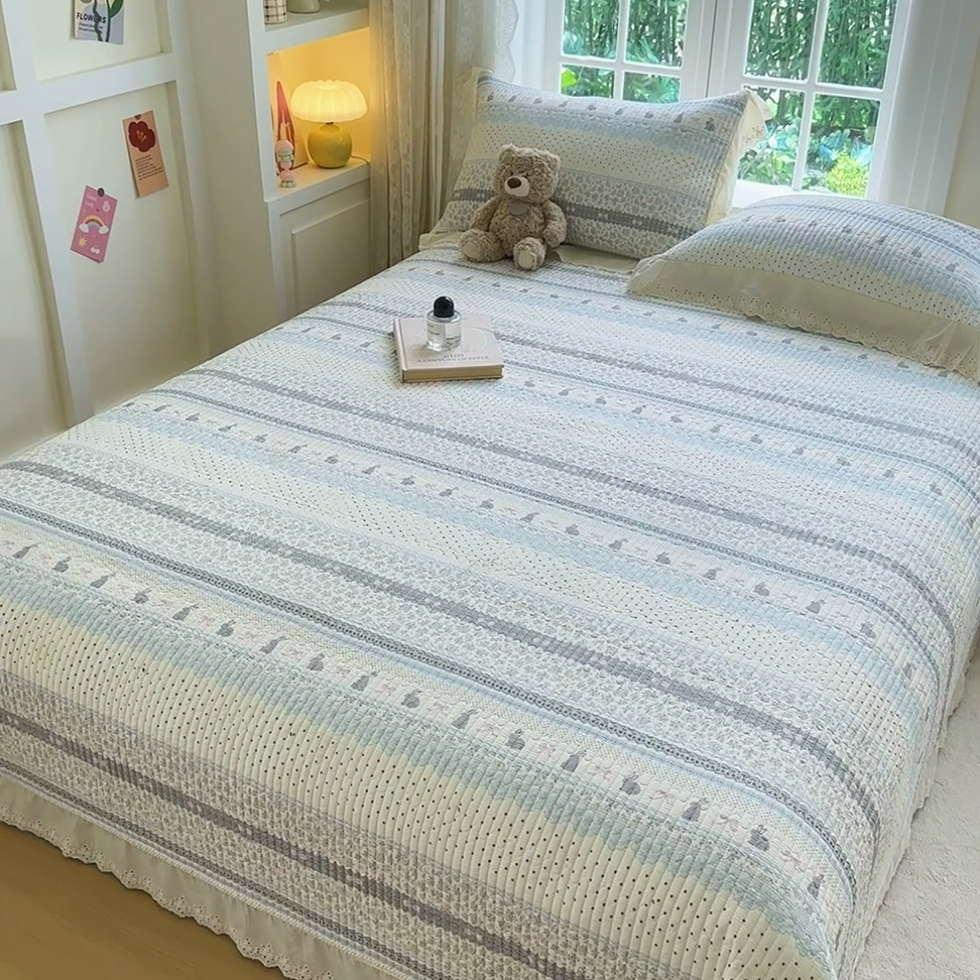 91家纺网 家纺一手货源 找家纺 （总）岚吉家纺 2025新款全棉绗缝棉花床盖花边款三件套四件套