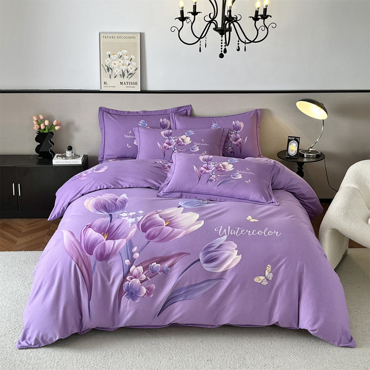 91家纺网 家纺一手货源 找家纺 曼秀琳 2025秋冬新款全棉磨毛印花四件套 滴翠溢香-浅紫