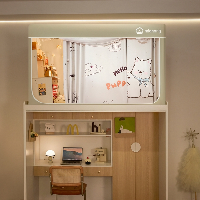 91家纺网 家纺一手货源 找家纺 卓尔居 2025新款学生遮光床帘卡通ZR学生蚊帐 米色-萌萌狗