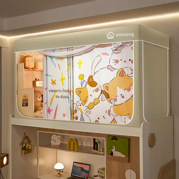 91家纺网 家纺一手货源 找家纺 卓尔居 2025新款学生遮光床帘卡通ZR学生蚊帐 米色-烟花小猫