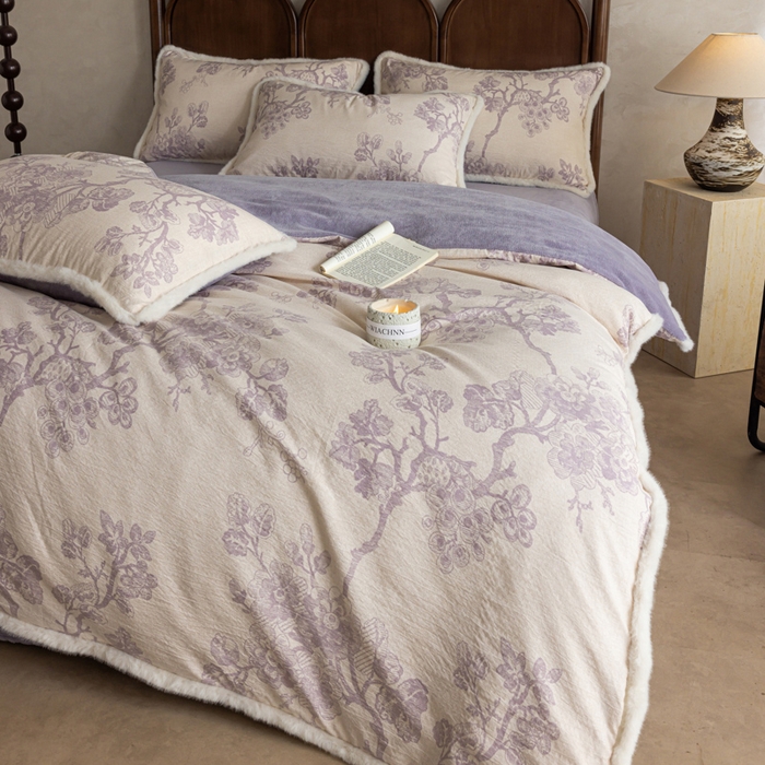 91家纺网 家纺一手货源 找家纺 迷尚家居 2025新款复古色织棉麻牛奶绒棉加绒四件套 砚秋紫-绒