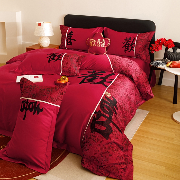 91家纺网 家纺一手货源 找家纺 （总）苏源家居 2025新款绣花婚庆结婚喜庆拼接四件套-欢喜