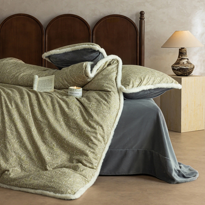 91家纺网 家纺一手货源 找家纺 迷尚家居 2025新款复古色织棉麻牛奶绒棉加绒四件套 古奈绿-绒