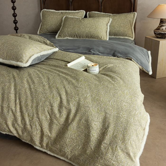 91家纺网 家纺一手货源 找家纺 迷尚家居 2025新款复古色织棉麻牛奶绒棉加绒四件套 古奈绿-绒