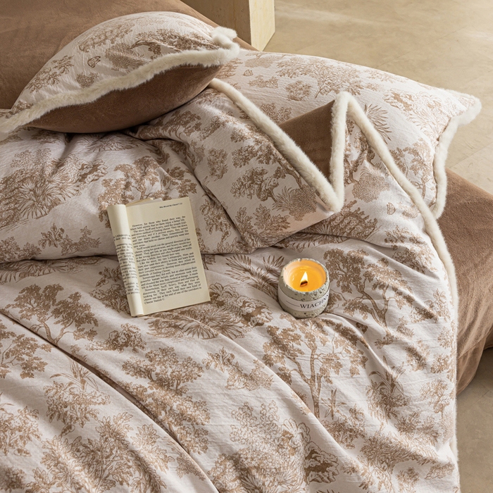 91家纺网 家纺一手货源 找家纺 迷尚家居 2025新款复古色织棉麻牛奶绒棉加绒四件套 迪奥咖-绒