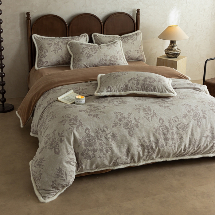 91家纺网 家纺一手货源 找家纺 迷尚家居 2025新款复古色织棉麻牛奶绒棉加绒四件套 风木槿咖-绒