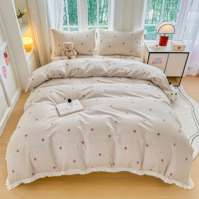 91家纺网 家纺一手货源 找家纺 岚吉家纺 2025新款全棉棉花床盖四件套 草莓格子