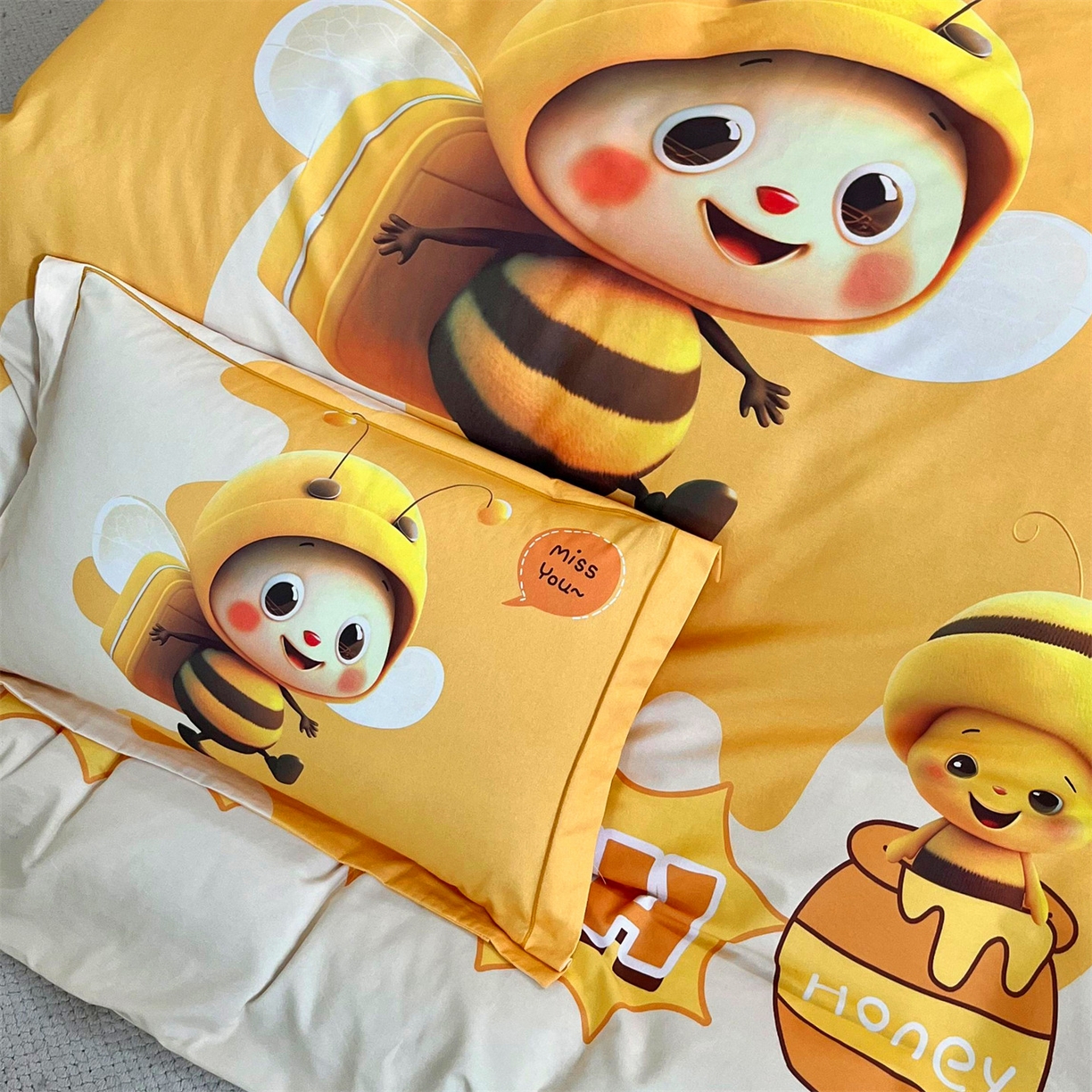 91家纺网 家纺一手货源 找家纺 曼秀琳 2025秋冬新款全棉磨毛印花四件套 萌萌哒-黄