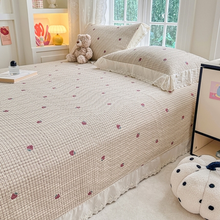 岚吉家纺 2025新款全棉棉花床盖四件套 草莓格子