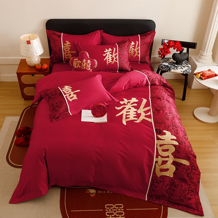 91家纺网 家纺一手货源 找家纺 苏源家居 2025新款绣花婚庆结婚喜庆拼接四件套-欢喜 欢喜-金