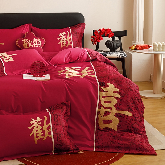 91家纺网 家纺一手货源 找家纺 苏源家居 2025新款绣花婚庆结婚喜庆拼接四件套-欢喜 欢喜-金