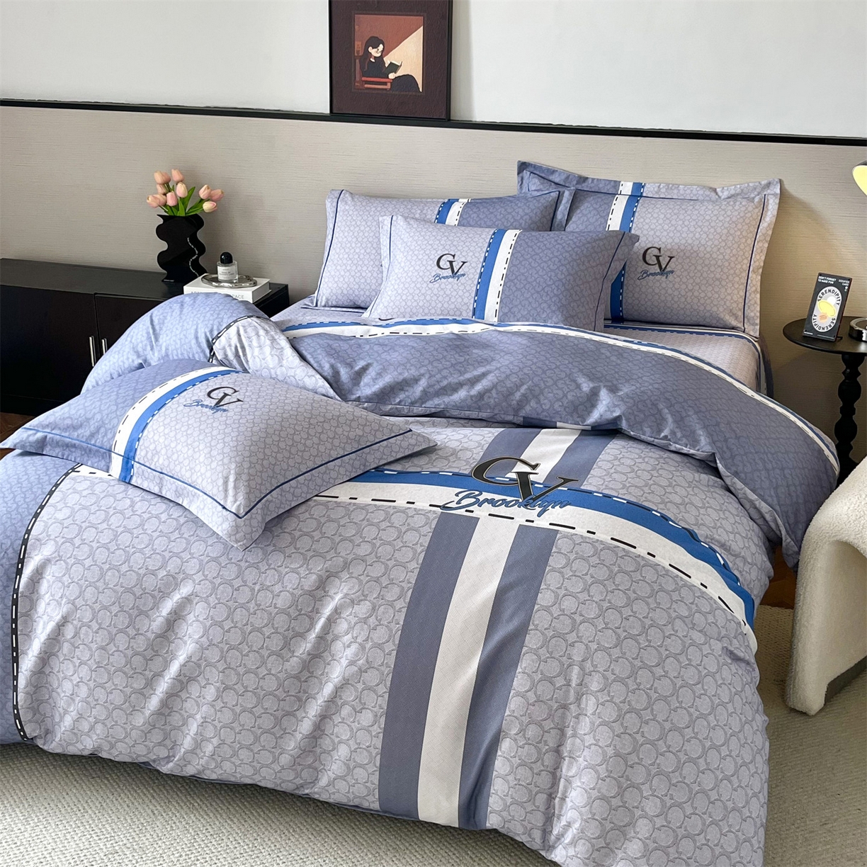 91家纺网 家纺一手货源 找家纺 曼秀琳 2025秋冬新款全棉磨毛印花四件套 思维-兰