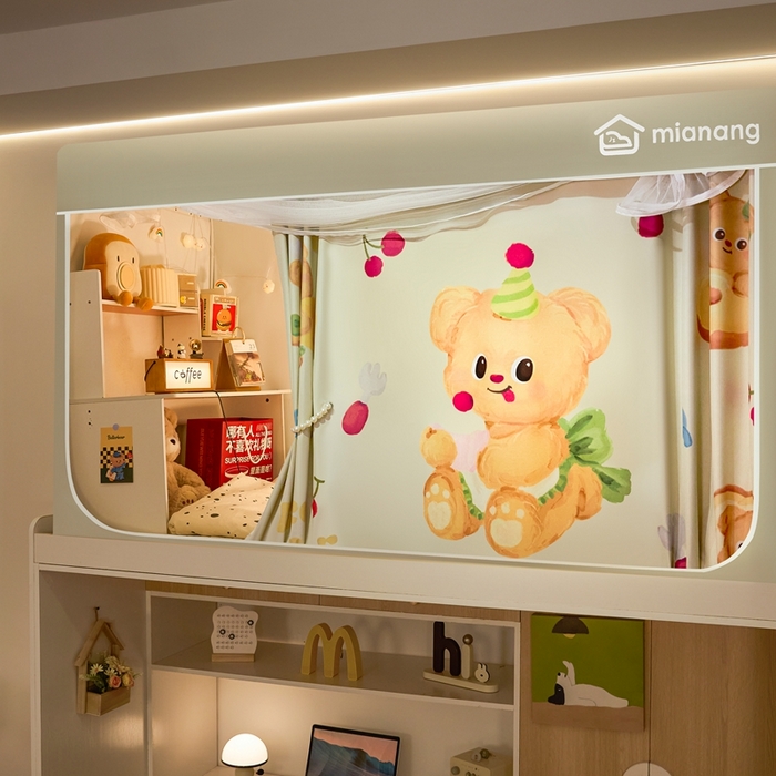 91家纺网 家纺一手货源 找家纺 卓尔居 2025新款学生遮光床帘卡通ZR学生蚊帐 米色-烘培小熊