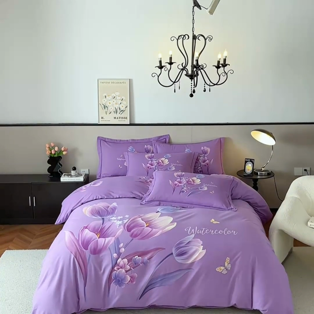 91家纺网 家纺一手货源 找家纺 曼秀琳 2025秋冬新款全棉磨毛印花四件套 滴翠溢香-浅紫