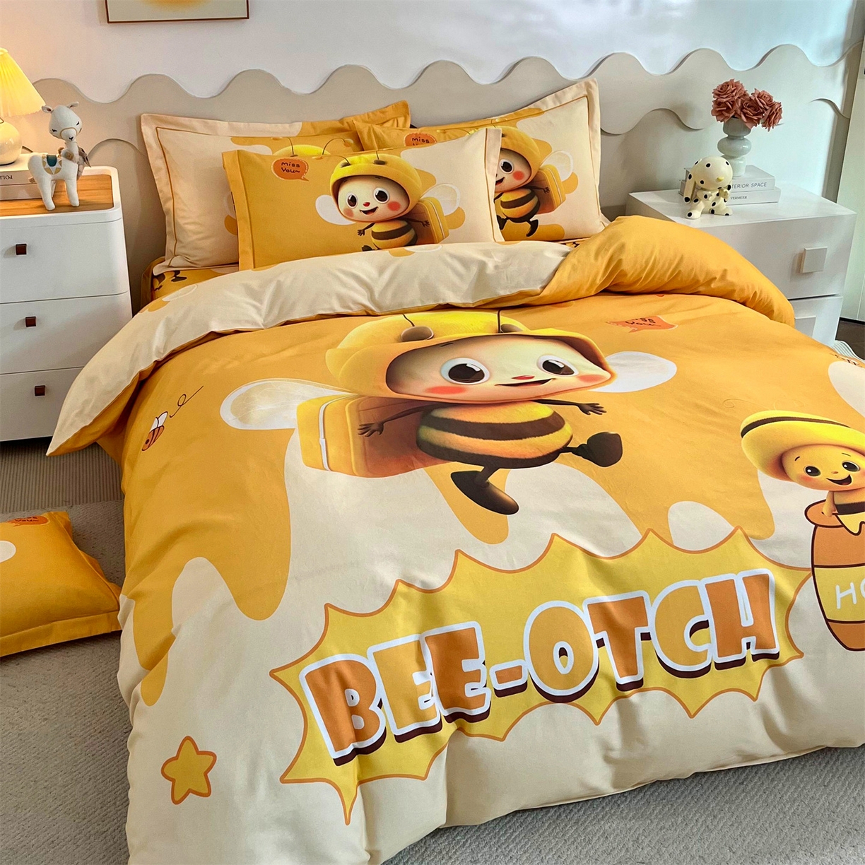 91家纺网 家纺一手货源 找家纺 曼秀琳 2025秋冬新款全棉磨毛印花四件套 萌萌哒-黄