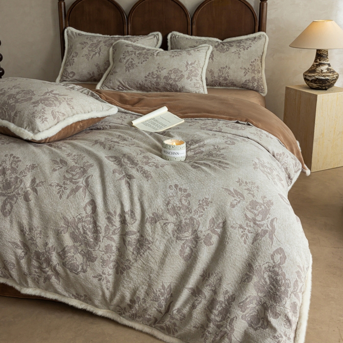 91家纺网 家纺一手货源 找家纺 迷尚家居 2025新款复古色织棉麻牛奶绒棉加绒四件套 风木槿咖-绒