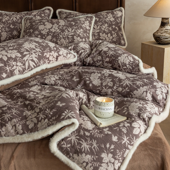 91家纺网 家纺一手货源 找家纺 迷尚家居 2025新款复古色织棉麻牛奶绒棉加绒四件套 枫林晚-绒