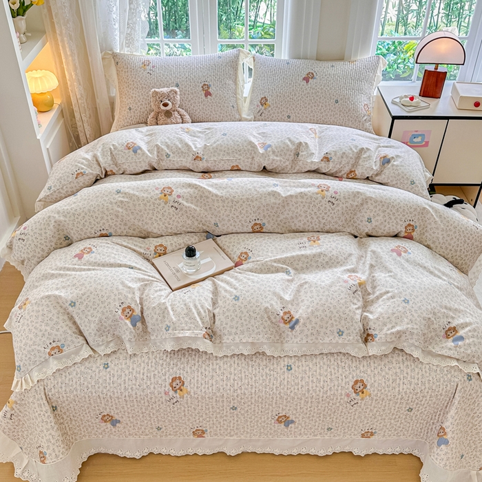 91家纺网 家纺一手货源 找家纺 岚吉家纺 2025新款全棉棉花床盖四件套 萌萌狮