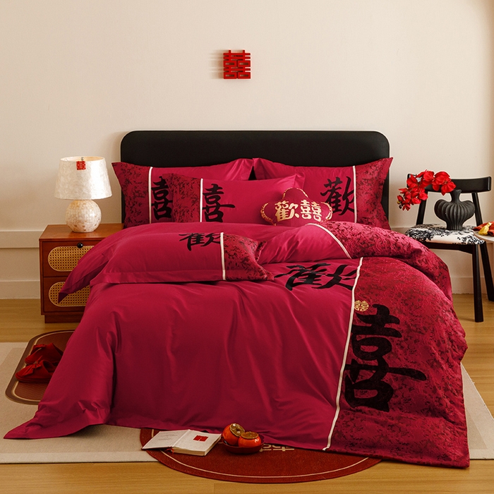 91家纺网 家纺一手货源 找家纺 （总）苏源家居 2025新款绣花婚庆结婚喜庆拼接四件套-欢喜