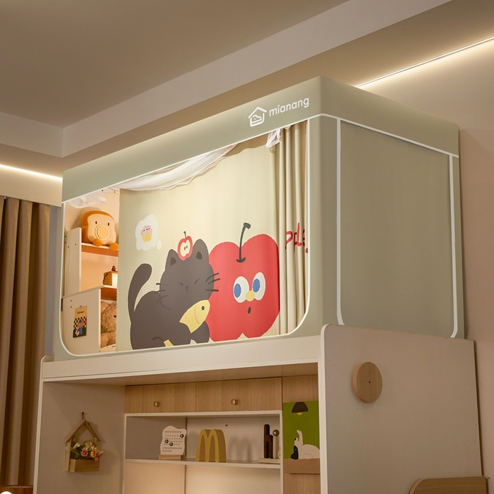 91家纺网 家纺一手货源 找家纺 卓尔居 2025新款学生遮光床帘卡通ZR学生蚊帐 米色-苹果小猫