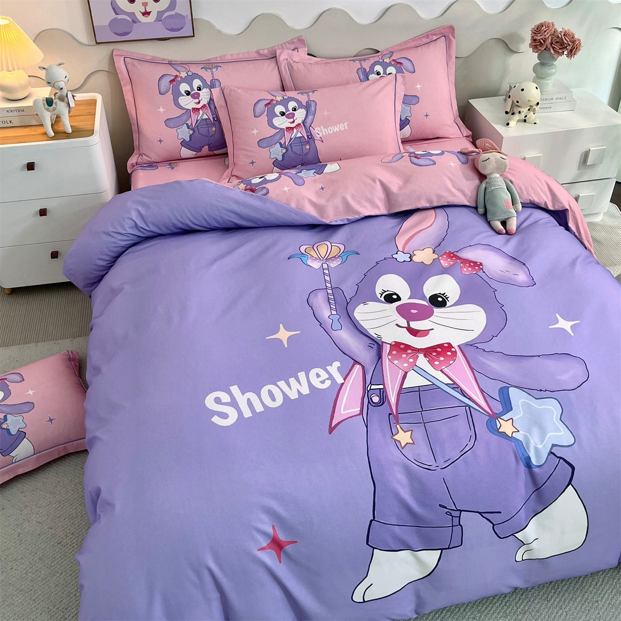 91家纺网 家纺一手货源 找家纺 曼秀琳 2025秋冬新款全棉磨毛印花四件套 闪耀之星-紫