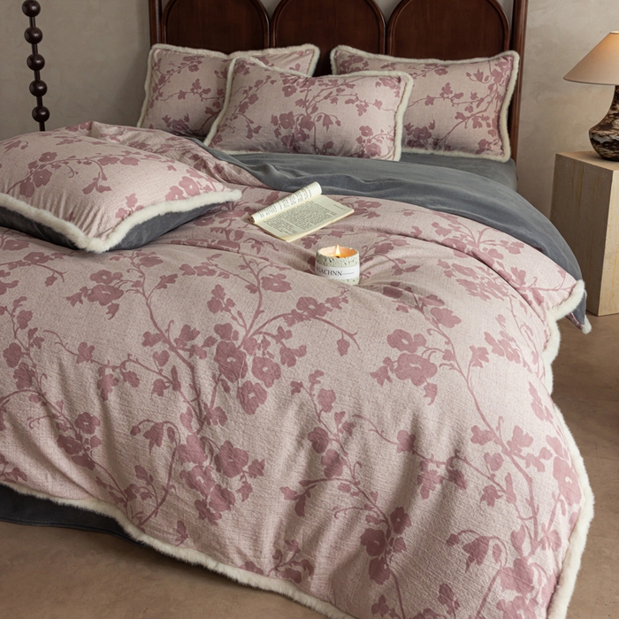 91家纺网 家纺一手货源 找家纺 迷尚家居 2025新款复古色织棉麻牛奶绒棉加绒四件套 俏颜-绒