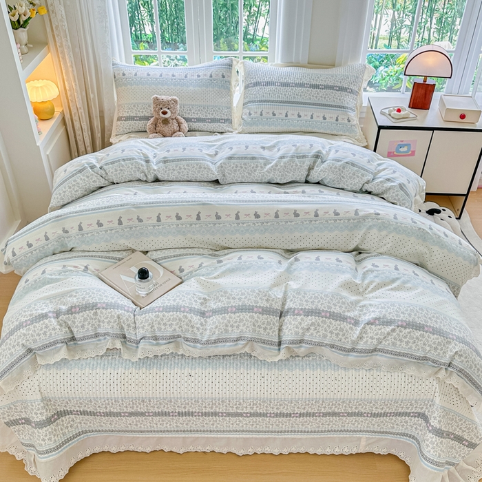 91家纺网 家纺一手货源 找家纺 岚吉家纺 2025新款全棉棉花床盖四件套 花边兔