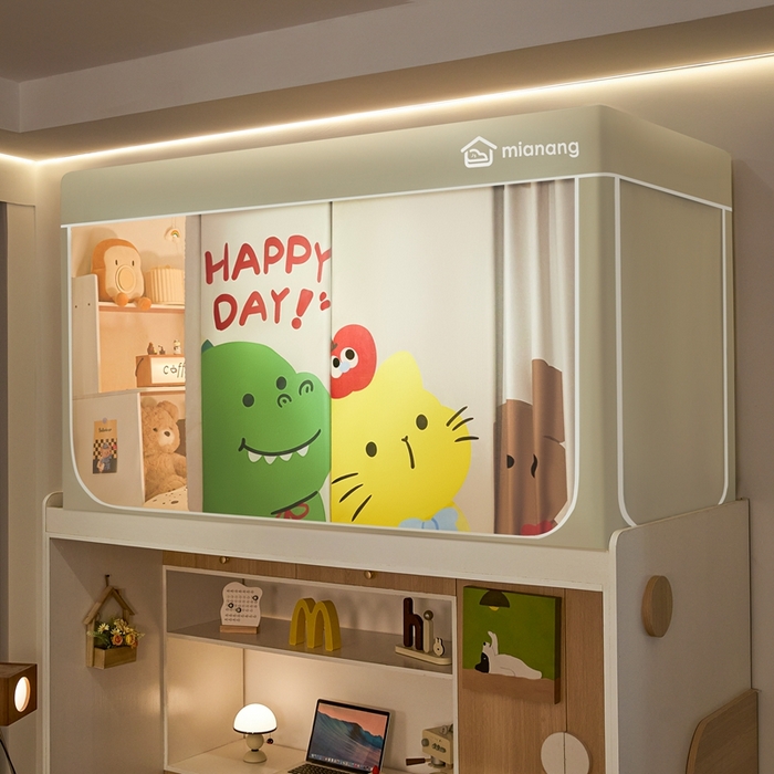 91家纺网 家纺一手货源 找家纺 卓尔居 2025新款学生遮光床帘卡通ZR学生蚊帐 米色-3只动物