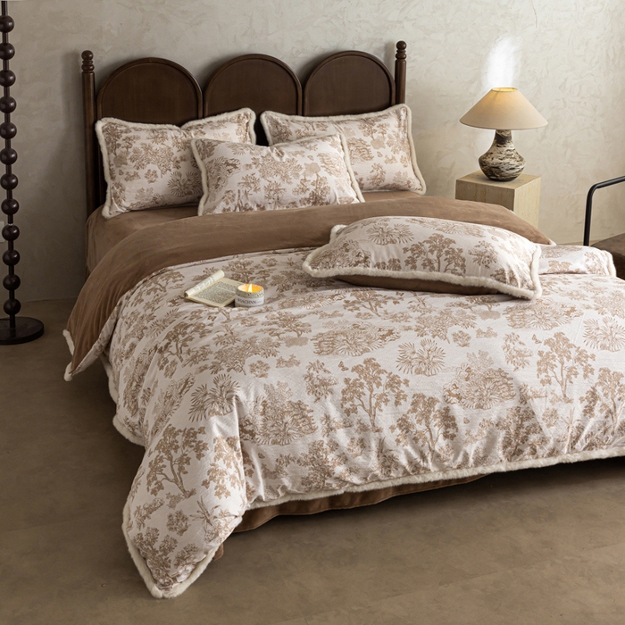 91家纺网 家纺一手货源 找家纺 迷尚家居 2025新款复古色织棉麻牛奶绒棉加绒四件套 迪奥咖-绒