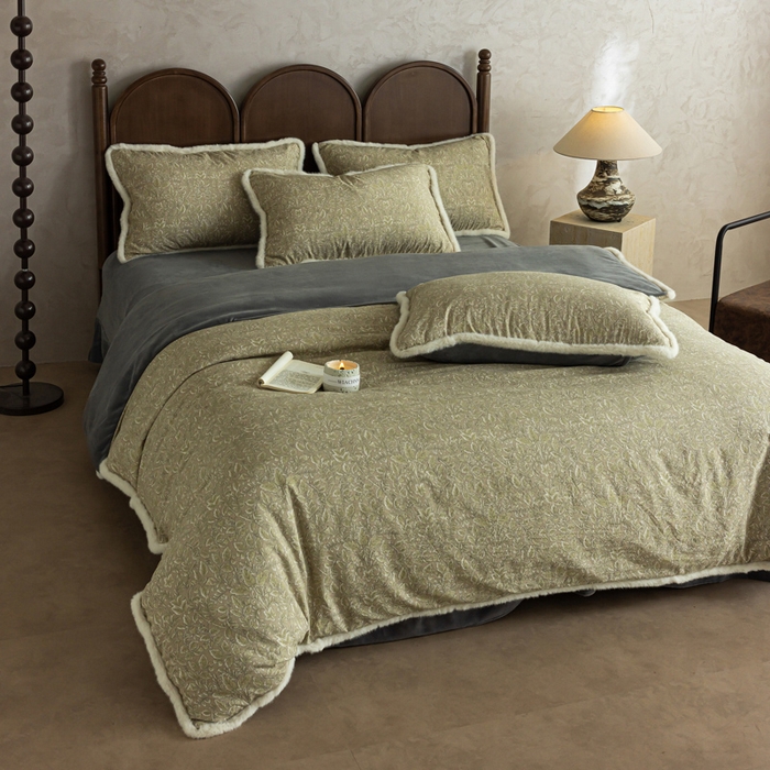 91家纺网 家纺一手货源 找家纺 迷尚家居 2025新款复古色织棉麻牛奶绒棉加绒四件套 古奈绿-绒