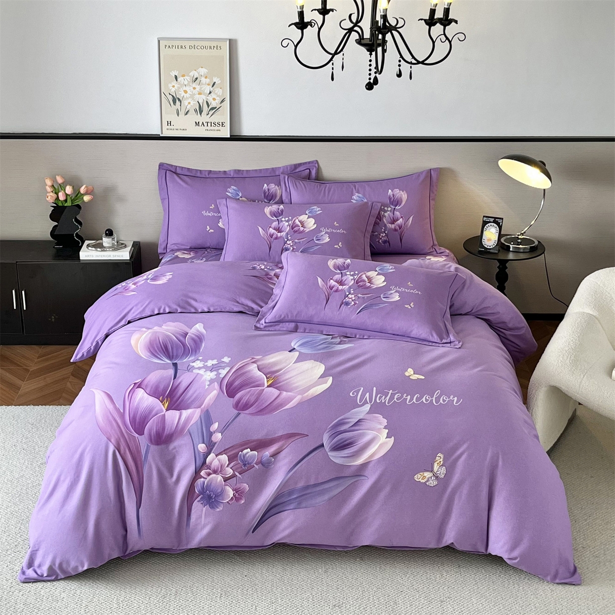 91家纺网 家纺一手货源 找家纺 曼秀琳 2025秋冬新款全棉磨毛印花四件套 滴翠溢香-浅紫