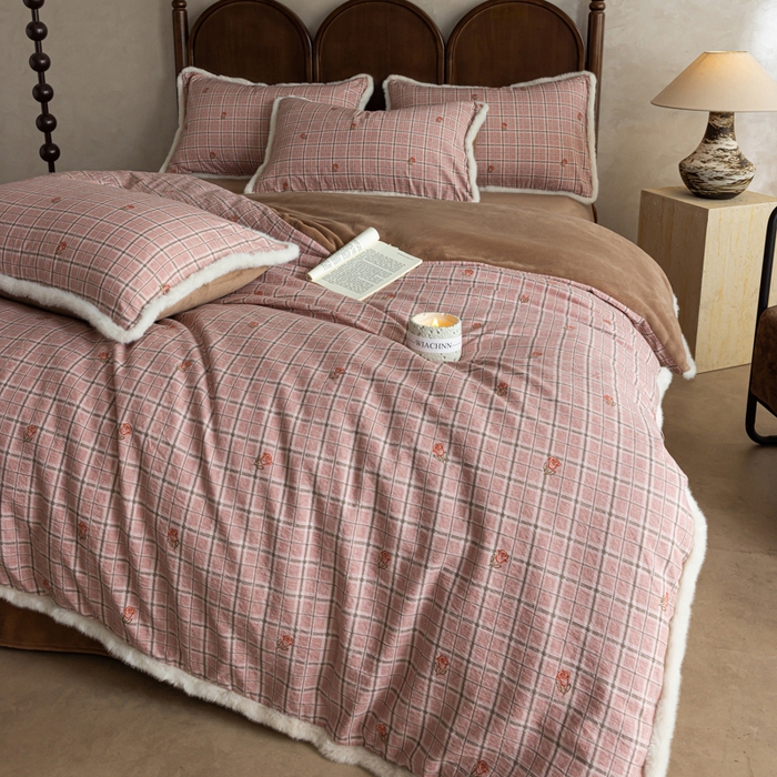 91家纺网 家纺一手货源 找家纺 迷尚家居 2025新款复古色织棉麻牛奶绒棉加绒四件套 秋恋红-绒