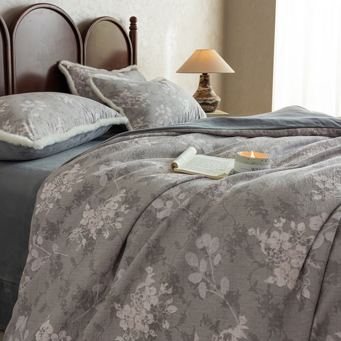 91家纺网 家纺一手货源 找家纺 迷尚家居 2025新款复古色织棉麻牛奶绒棉加绒四件套 可颂灰-绒