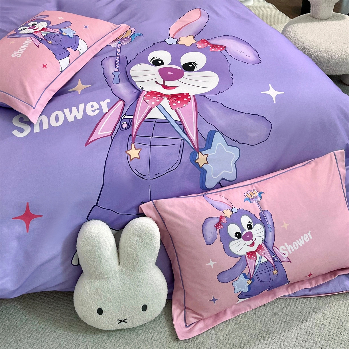 91家纺网 家纺一手货源 找家纺 曼秀琳 2025秋冬新款全棉磨毛印花四件套 闪耀之星-紫