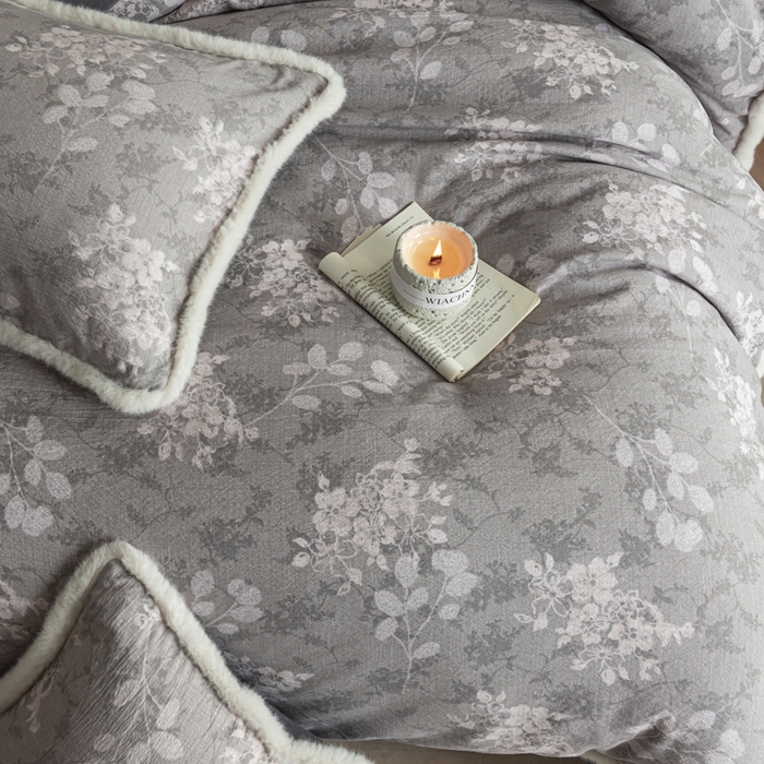 91家纺网 家纺一手货源 找家纺 迷尚家居 2025新款复古色织棉麻牛奶绒棉加绒四件套 可颂灰-绒