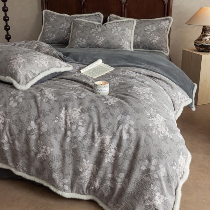 91家纺网 家纺一手货源 找家纺 迷尚家居 2025新款复古色织棉麻牛奶绒棉加绒四件套 可颂灰-绒