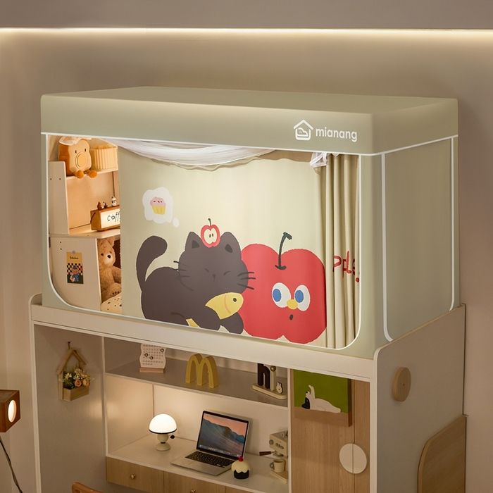 91家纺网 家纺一手货源 找家纺 卓尔居 2025新款学生遮光床帘卡通ZR学生蚊帐 米色-苹果小猫